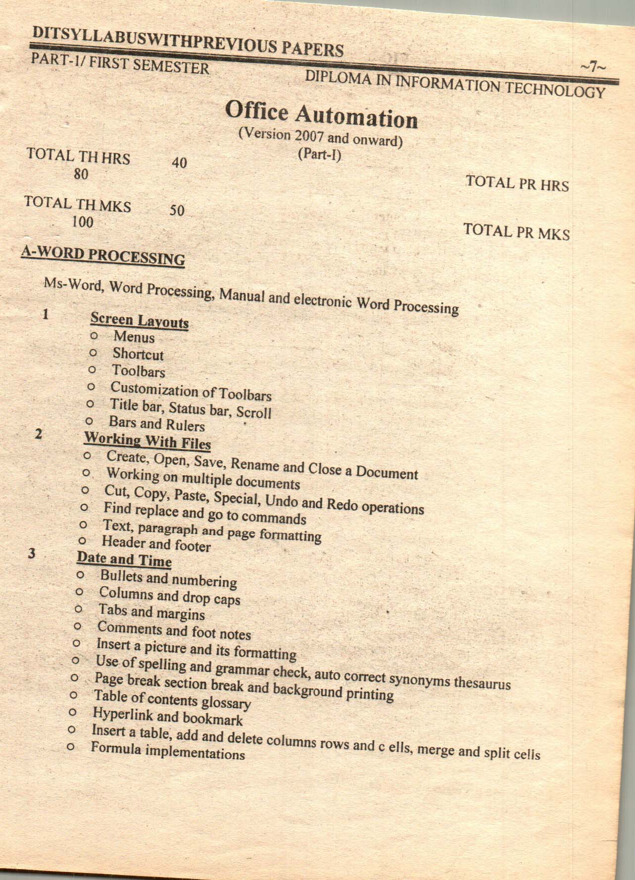 Previous Questions Papers & Syllabus Dit Part 1 Part 2