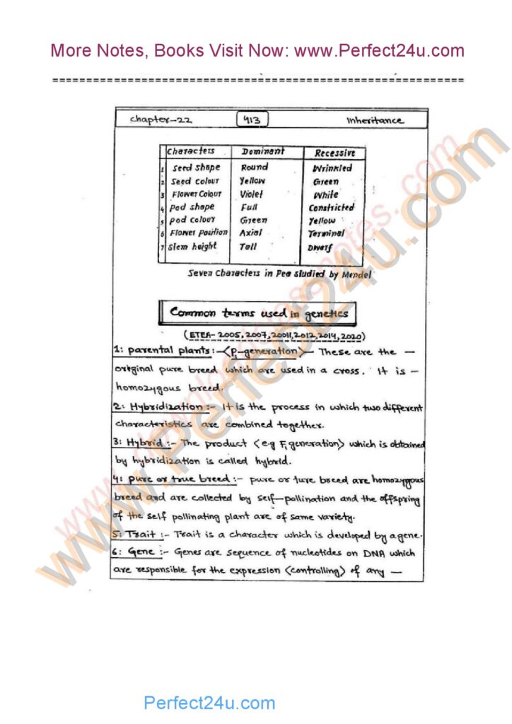 2ND YEAR KPK BIOLOGY NTOES CHAPTER 22 INHERITANCE KPK BOARD