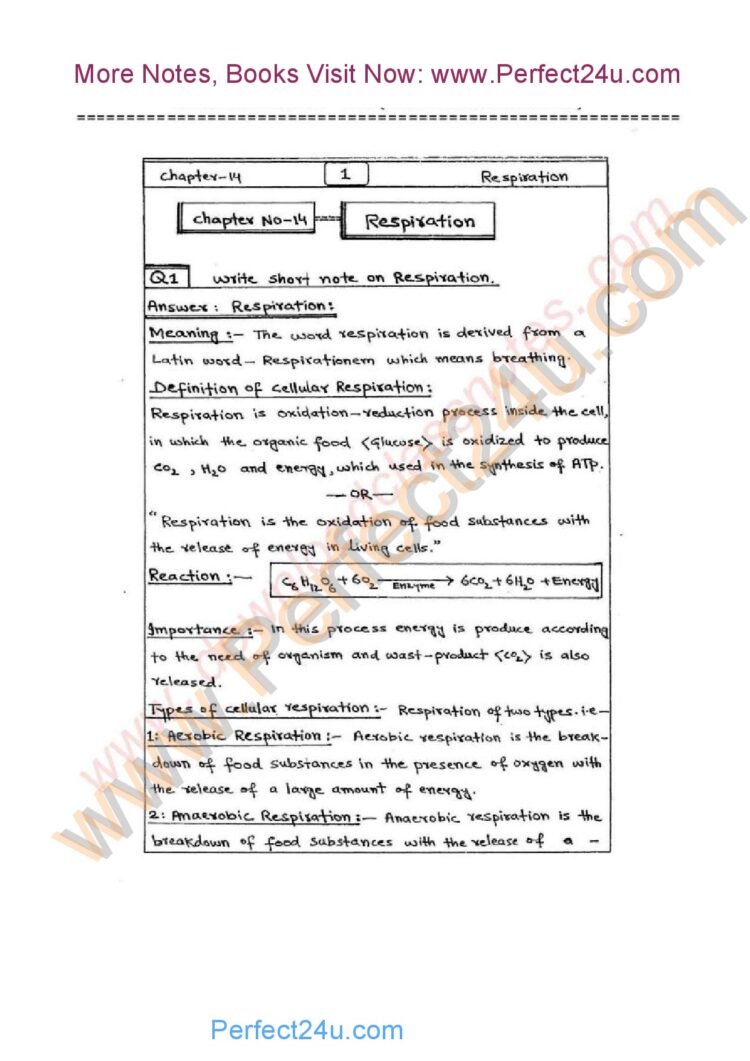 2nd Year Biology Notes Cha 14 Respiration For KPK Board
