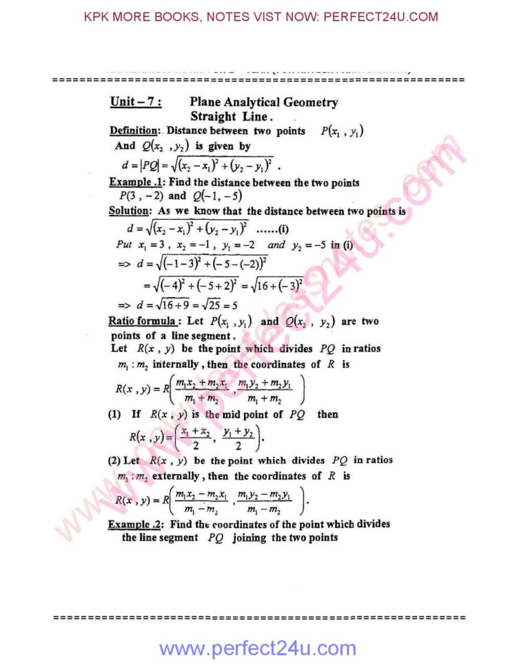 Unit 7 Plane Analytical Geometry Straight Line Maths Notes KPK