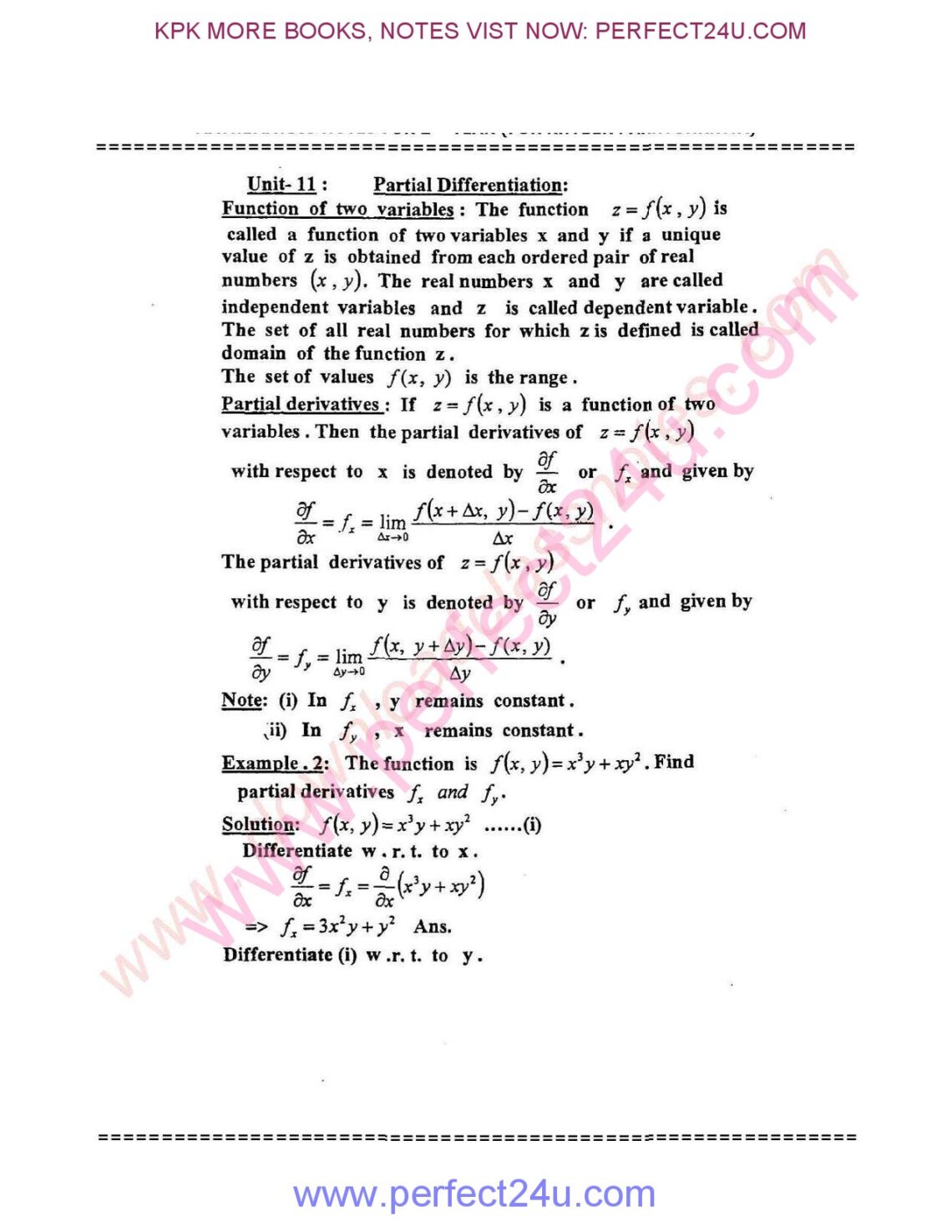 Unit 11 Partial Differentiation Maths Notes Fsc Part-2 Kpk Board